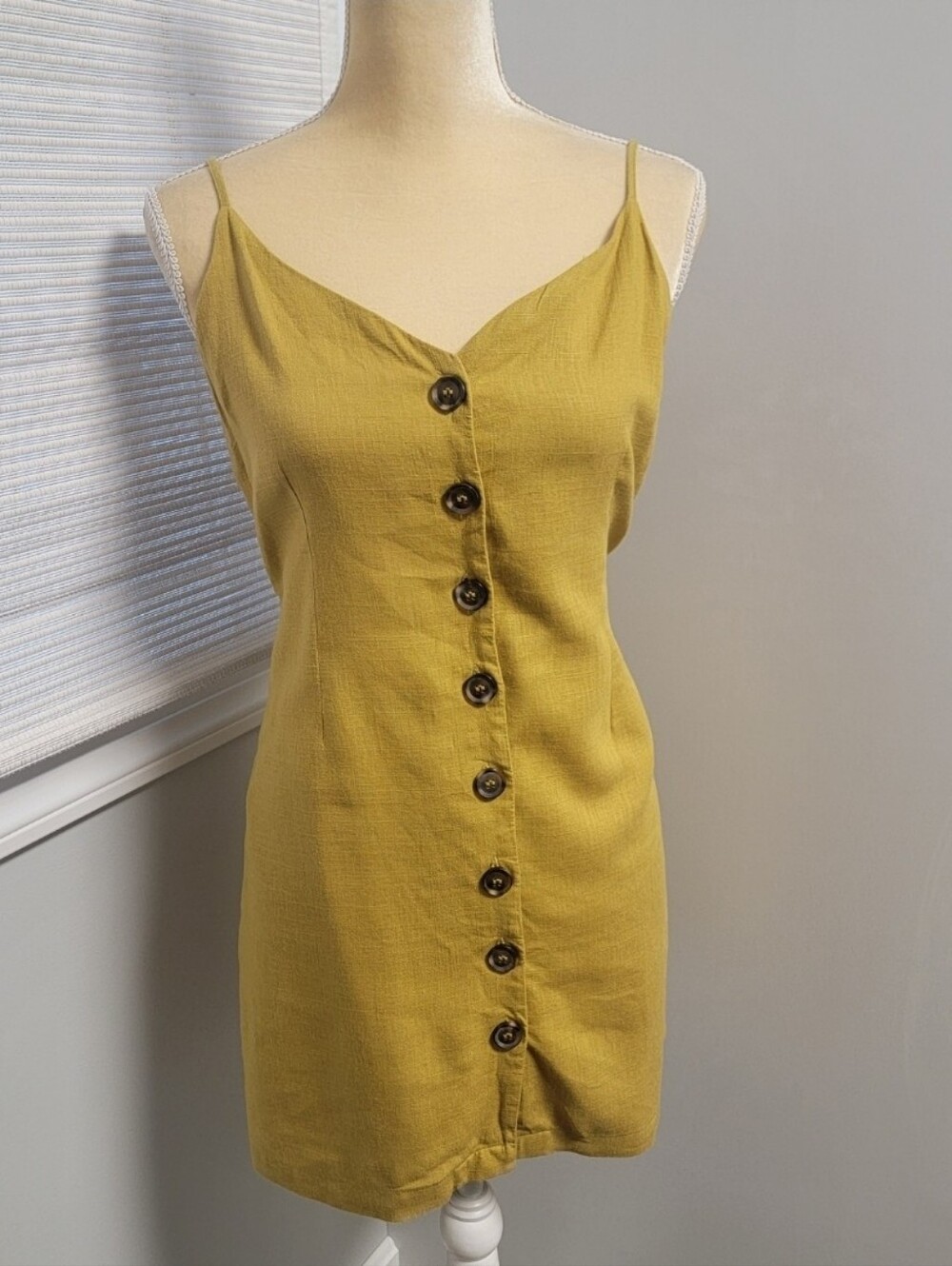 Forever 21 Mustard Yellow Linen Blend Button Front Sleeveless Short Dress Size L